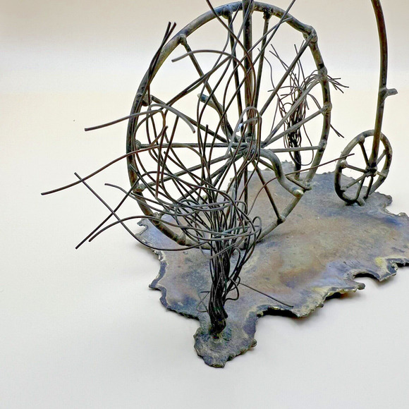 Vintage Metal Art Sculpture Copper Rust Tin High Wheel Bicycle Retro MCM Signed - Picture 4 of 6